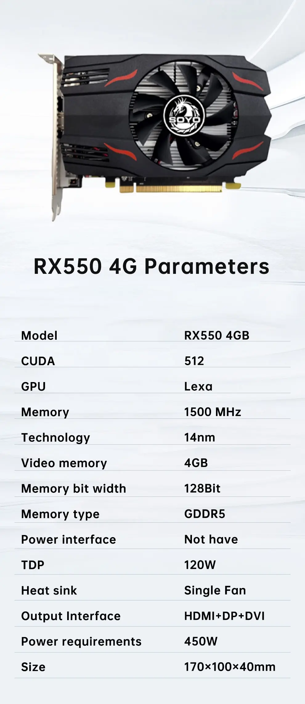 S0ba3830a00a84d55aec2f0cd8af48831N SOYO Graphics Card AMD GPU Radeon RX 550 4G GDDR5 128Bit 14nm Computer PC RX550 PCI-E 3.0 Gaming Video Cards Full New