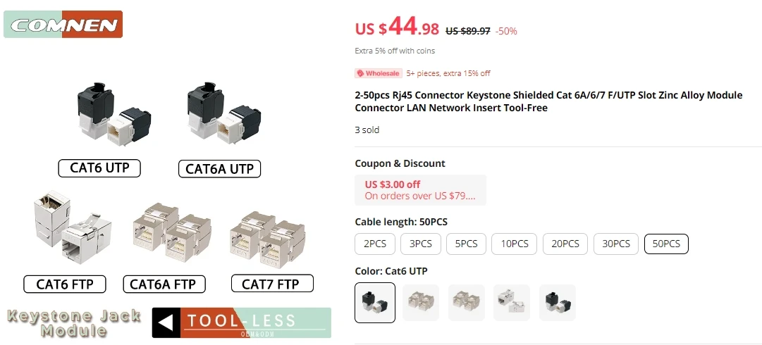 S19c1ad0606e4481e876f08bc13bb96a7o COMNEN Cat6/6A Rj45 Connector Passthrough Modular Plug Computer Network UTP/FTP Gold-Plated 1.2/1.1mm Hole End Ethernet Cable