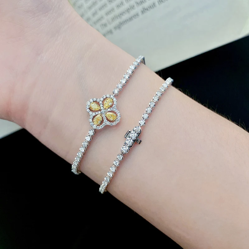 S21866e5ee59748af96f095388c1e46d8B LUOWEND 18K White Gold Bracelet Real Natural Yellow Diamond Bracelet for Women Party Jewelry Luck Clover Design High Jewelry