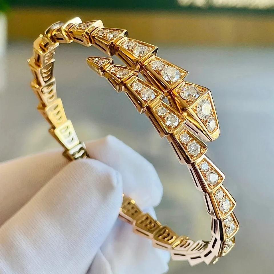 S3b508c250e914527ab14279a37abb7a4o 18K True Gold Snake Bone Bracelet Full Diamond White Gold Color High Carbon Diamond Women's Bangles Fashion Female Jewelry Gifts