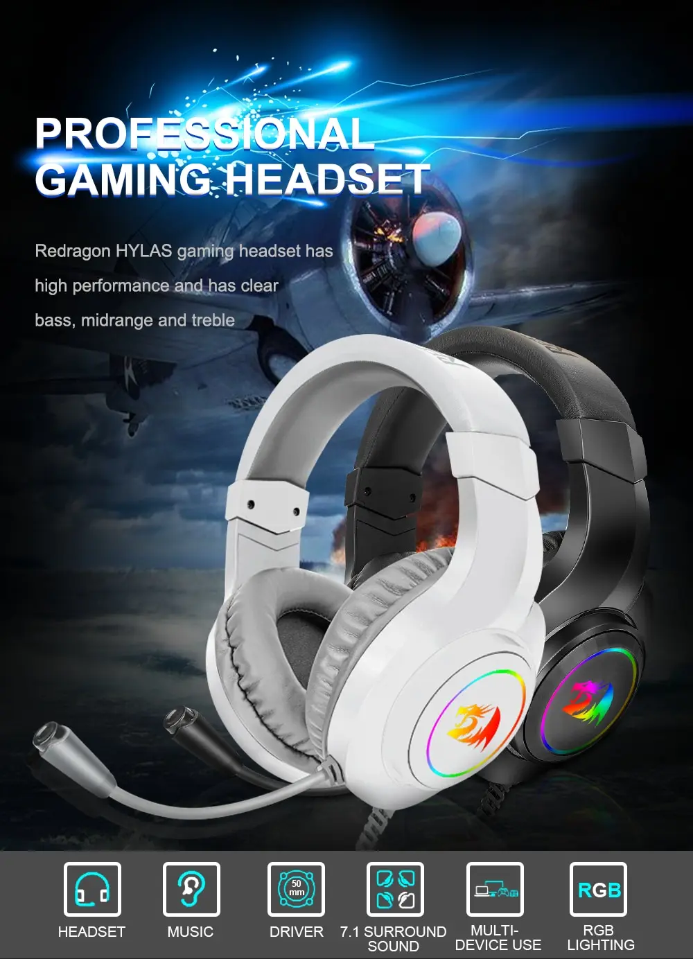 S3c488bbab839400aafd9bd66603bbe197 REDRAGON HYLAS H260 RGB Gaming Headphone,3.5mm Surround Sound Computer PC Headset Earphones Microphone for PS4 Switch Xbox-one