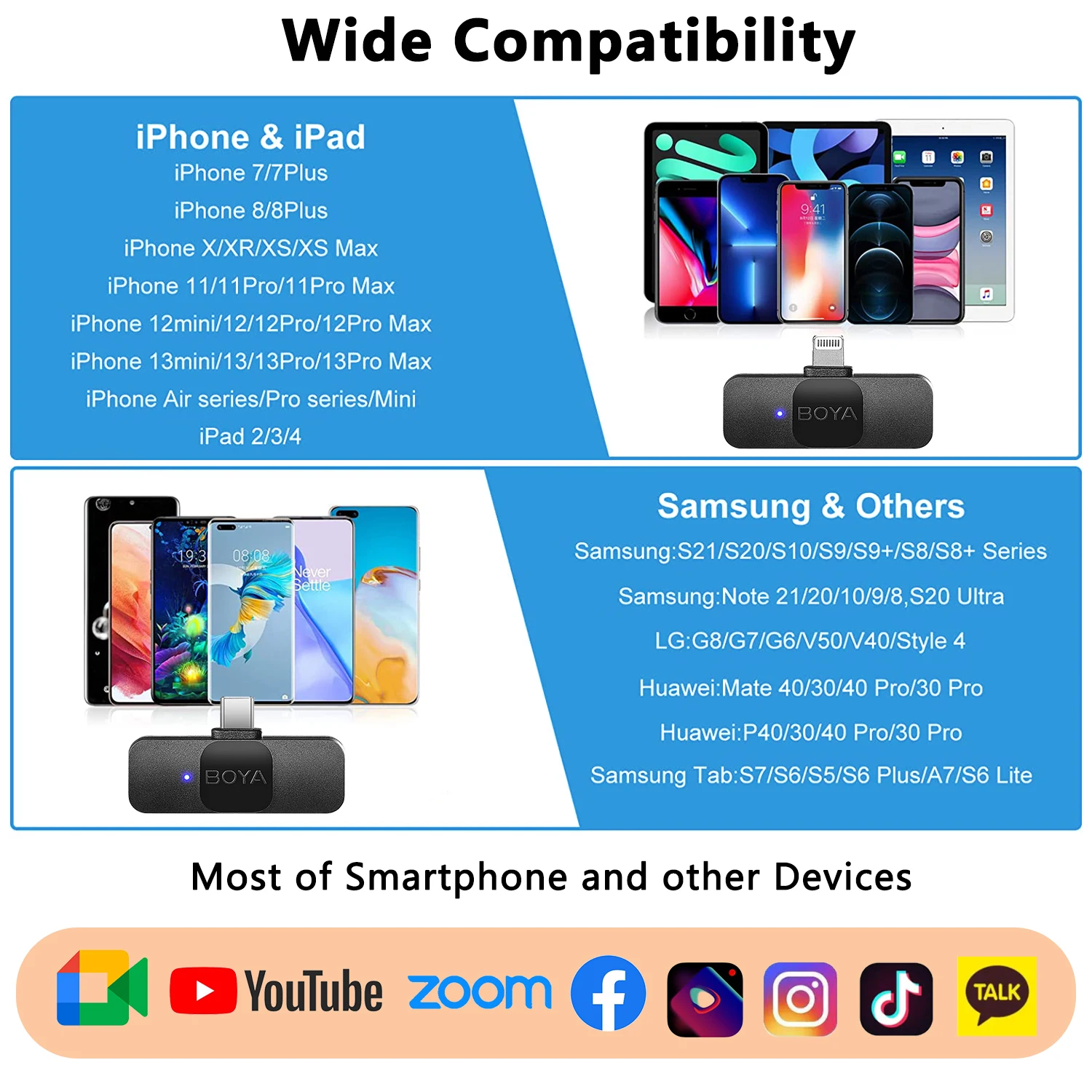 S3d1aff545794446cacd02d7f4fa667e2k BOYA BY-V Wireless Lavalier Lapel Microphone for iPhone Android Cell Phone PC Computer Laptop Youtube Recording Streaming Vlog