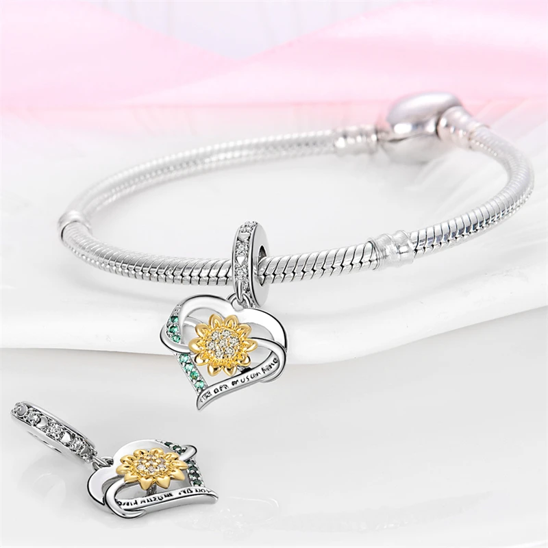 New 925 Sterling Silver Fashion Golden Sunflowers Heart Charms Beads Fit Pandora 925 Original Bracelets Luxury Party DIY Jewelry 19 S48be26eae8804a009382c027e388e032T New 925 Sterling Silver Fashion Golden Sunflowers Heart Charms Beads Fit Pandora 925 Original Bracelets Luxury Party DIY Jewelry