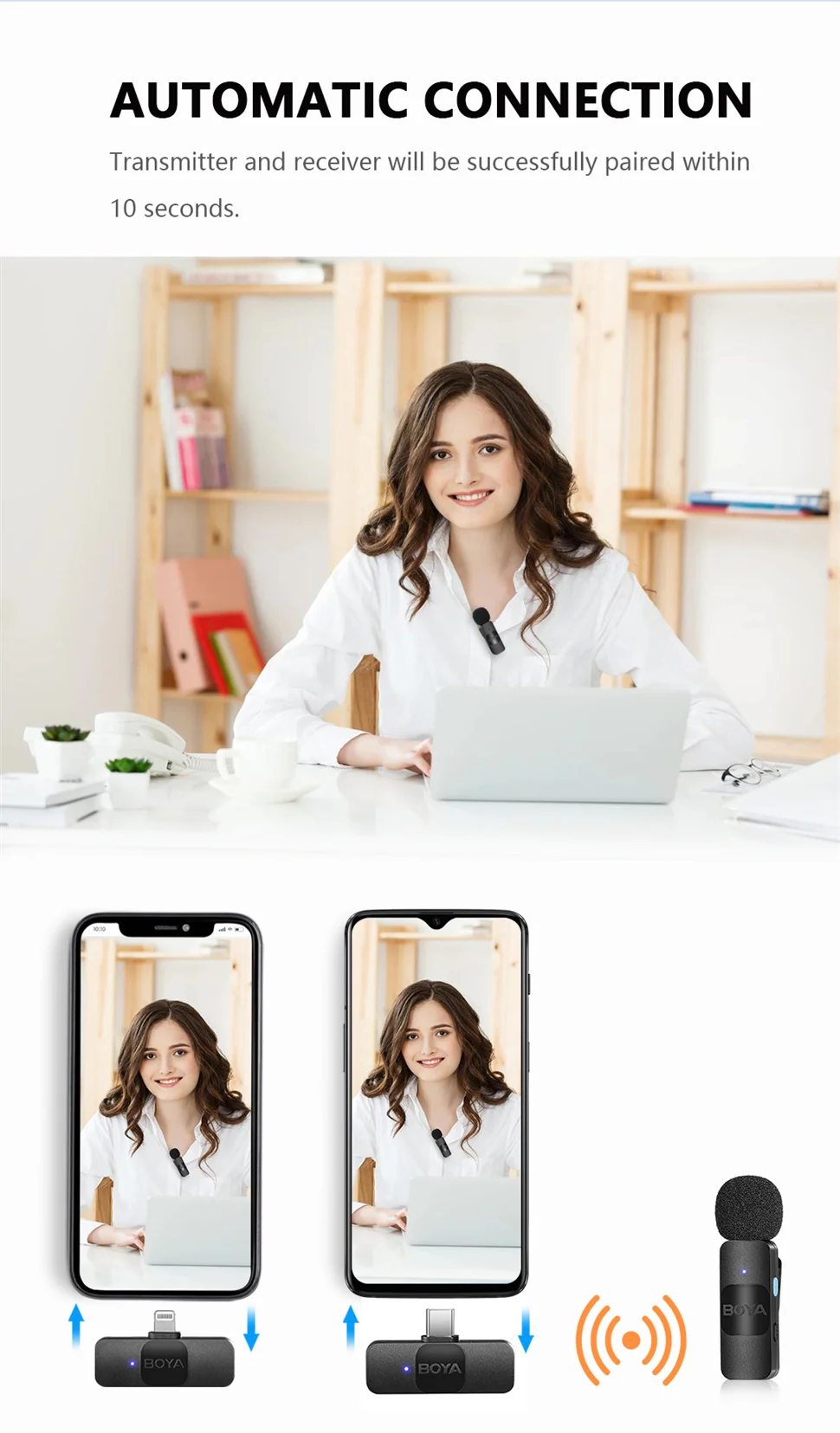 S51e261eecea64e25aa8b8cc7ee79cd7cl BOYA BY-V Wireless Lavalier Lapel Microphone for iPhone Android Cell Phone PC Computer Laptop Youtube Recording Streaming Vlog