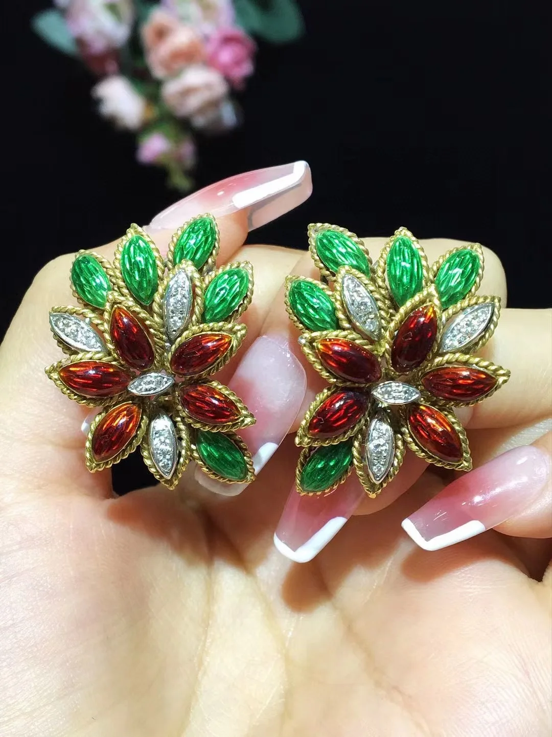 S5ac57b9ba3384a46a07d2b7051304a17y antique jewelry colour enamels clip earring leaf 18K gold 33*25MM fine women jewelry free shipping