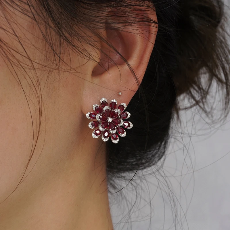 S66fcd5f1b7ad4b3a8772ba23e58360b6F Aazuo Luxury Real Jewelry 18K White Real Gold Natural Ruby Big Flower Stud Earrings Gifted for Women Engagement Wedding Party