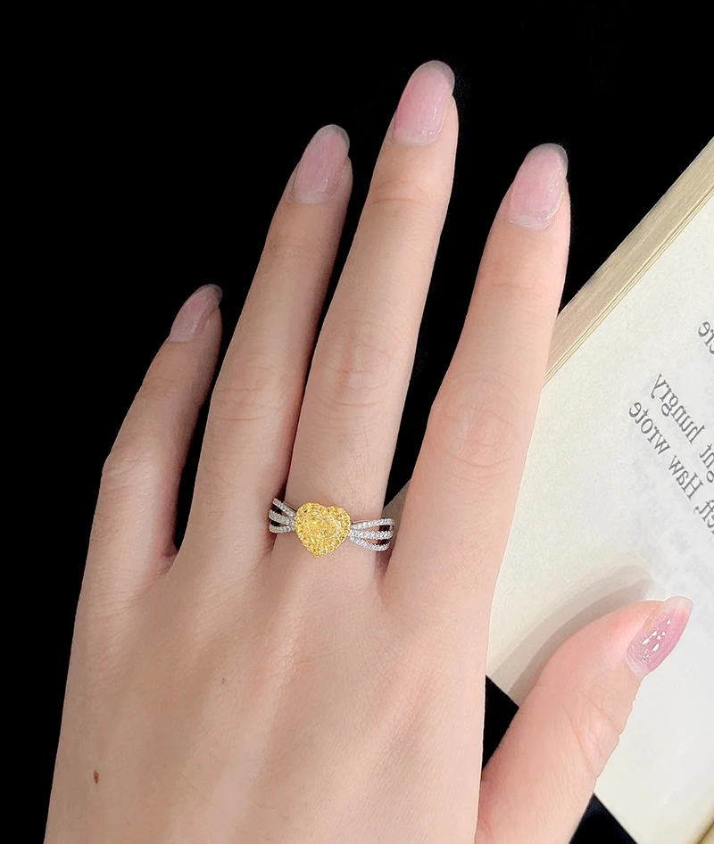 S6b2ef16c4daa46a885ea65b016ce58bcq LUOWEND 18K White Gold Rings Romantic Heart Design Real Natural Yellow Diamond Engagement Ring for Women High Wedding Jewelry
