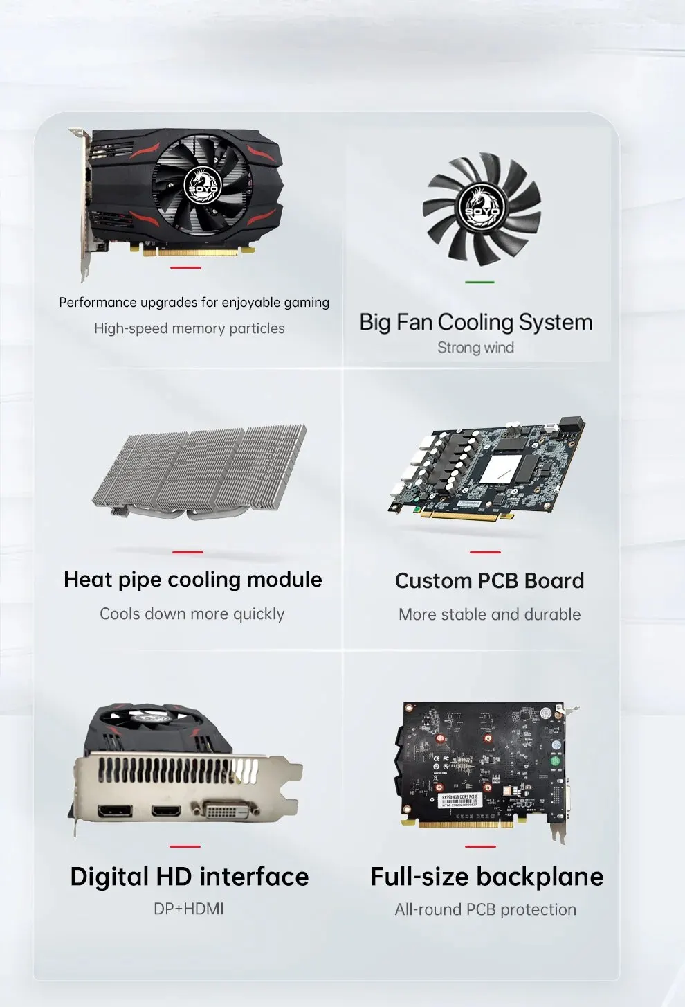S726c9078e92f48819cceef0004a11fb8K SOYO Graphics Card AMD GPU Radeon RX 550 4G GDDR5 128Bit 14nm Computer PC RX550 PCI-E 3.0 Gaming Video Cards Full New
