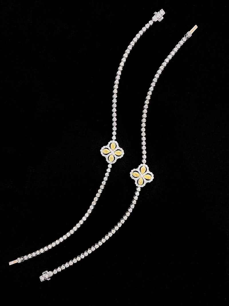 S797cdf521f0148e994b04385c50321c4c LUOWEND 18K White Gold Bracelet Real Natural Yellow Diamond Bracelet for Women Party Jewelry Luck Clover Design High Jewelry
