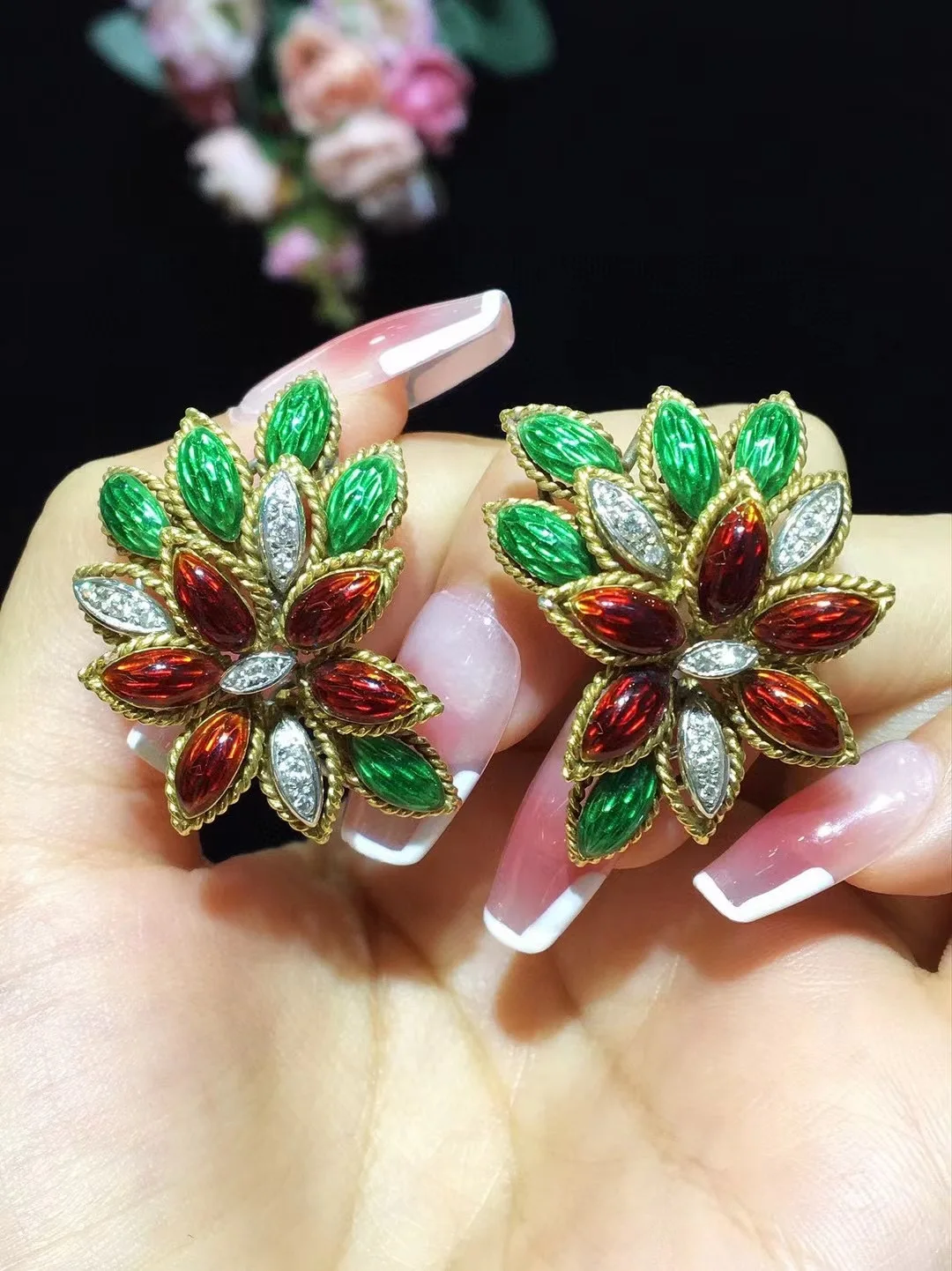 S7e3b7e73a5124b7aa1f2aadf4dbbc177i antique jewelry colour enamels clip earring leaf 18K gold 33*25MM fine women jewelry free shipping