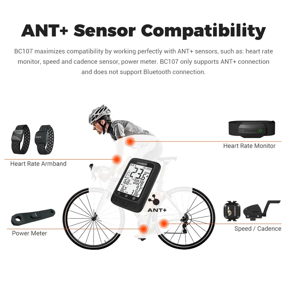 S81408335775149329b54ecc2defdf42fS COOSPO BC107 Bike Computer GPS Wireless Bicycle Cycling Odometer Speedometer 2.4"FSTN Bluetooth5.0 ANT Waterproof GPS BDS