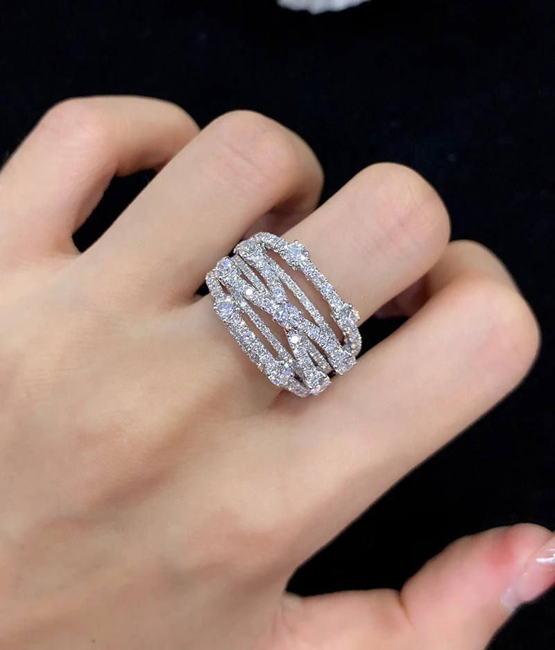 S82ee4d01361948498c74d58cb14481c9m LUOWEND 18K White Gold Rings Creative Multi-Layer Cross Design Real Natural Diamond Ring for Women Senior Banquet High Jewelry