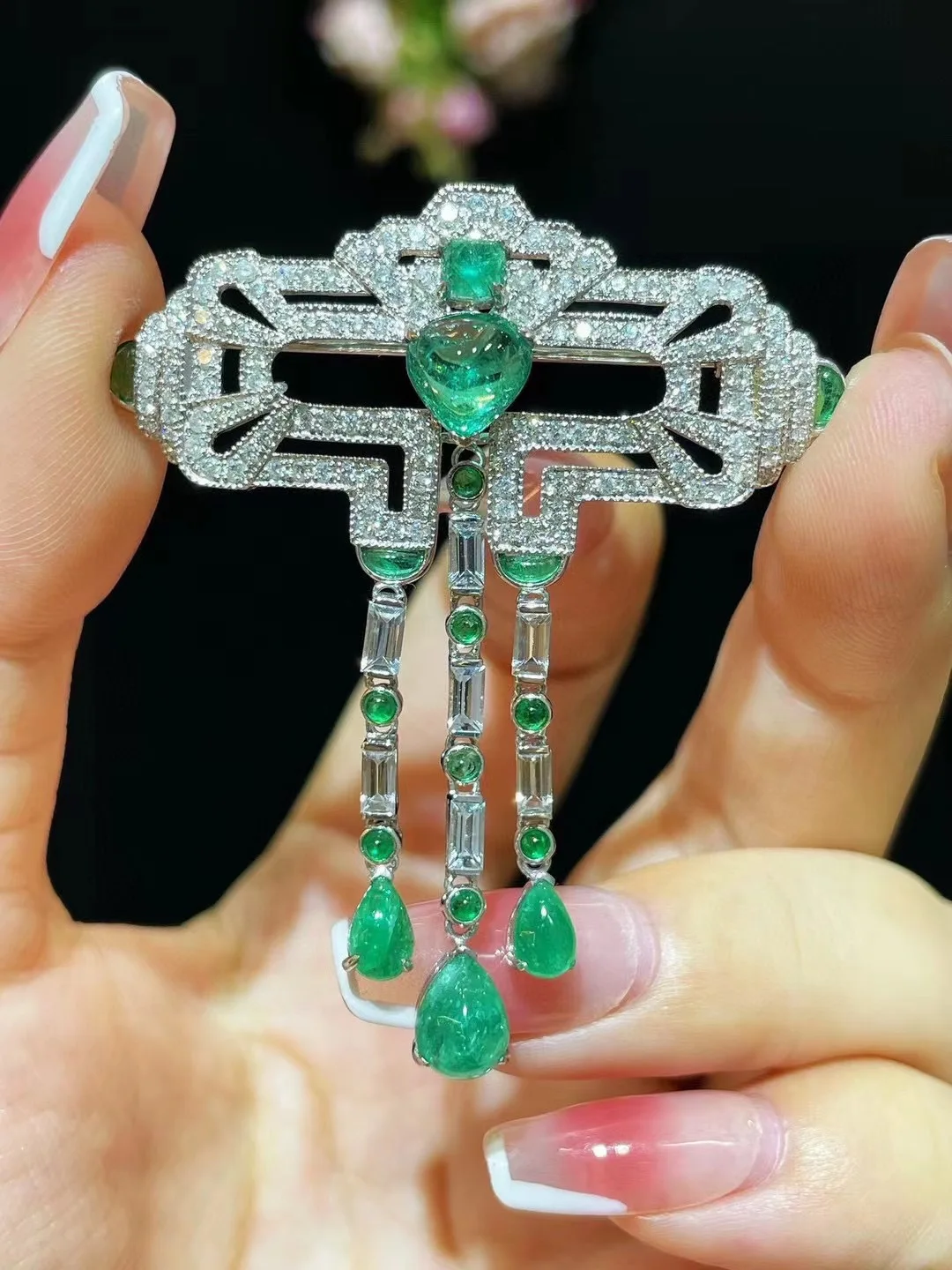 S929bb2b06858435fa31f008fd787bf484 genuine luxury jewelry natural emerald and diamond brooch & pendant double use 18K white gold fine women jewelry free shipping