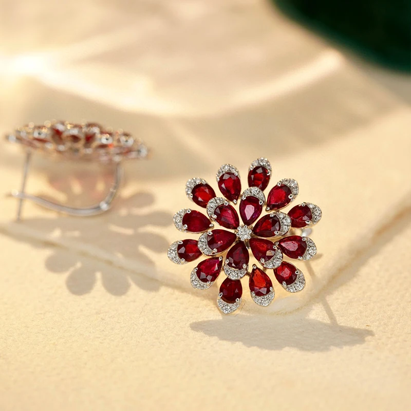 S9a1076f9d6454f869f3506be17313df9a Aazuo Luxury Real Jewelry 18K White Real Gold Natural Ruby Big Flower Stud Earrings Gifted for Women Engagement Wedding Party