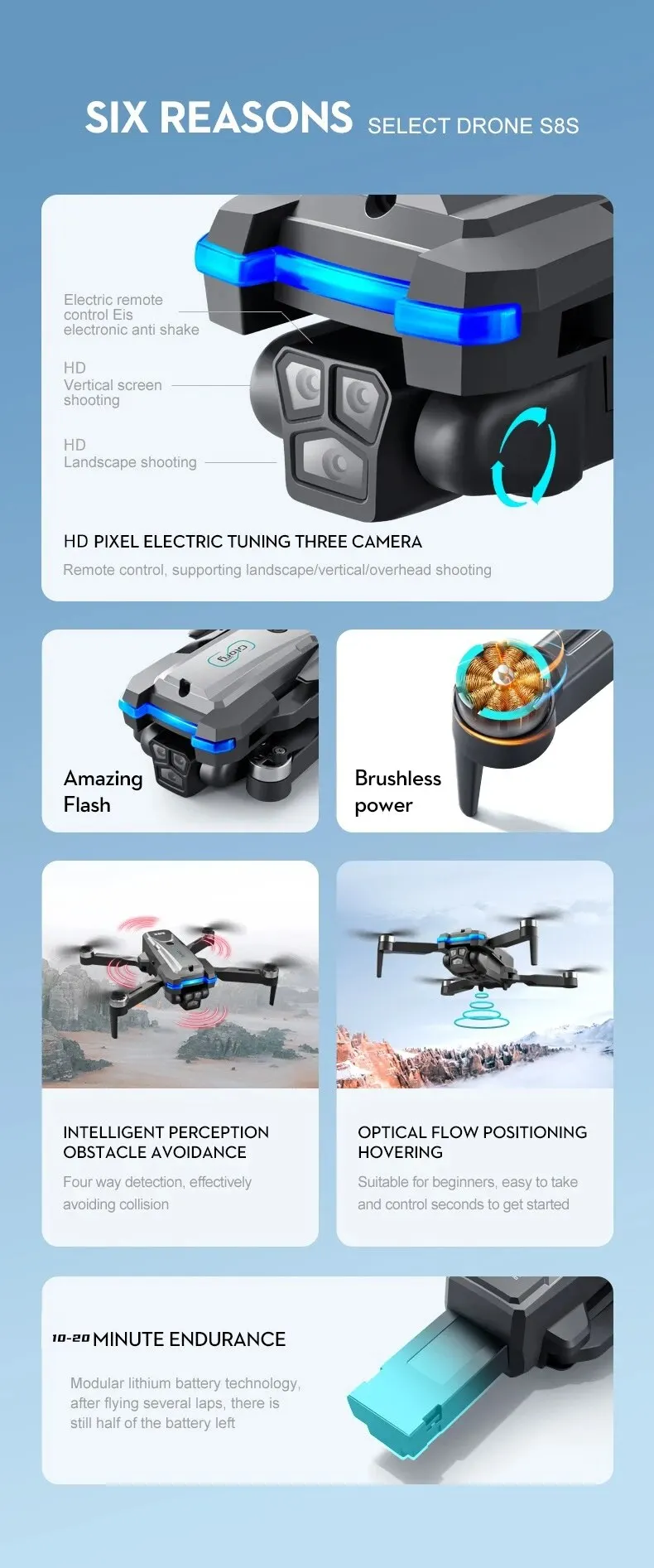 S9a2632f4aa114589951d3e82b1187f73l S8S GPS Drone 5G Wifi 8K HD Dual ESC Camera Optical Flow 360° Obstacle Avoidance Brushless Motor RC Foldable Quadcopter 9000M