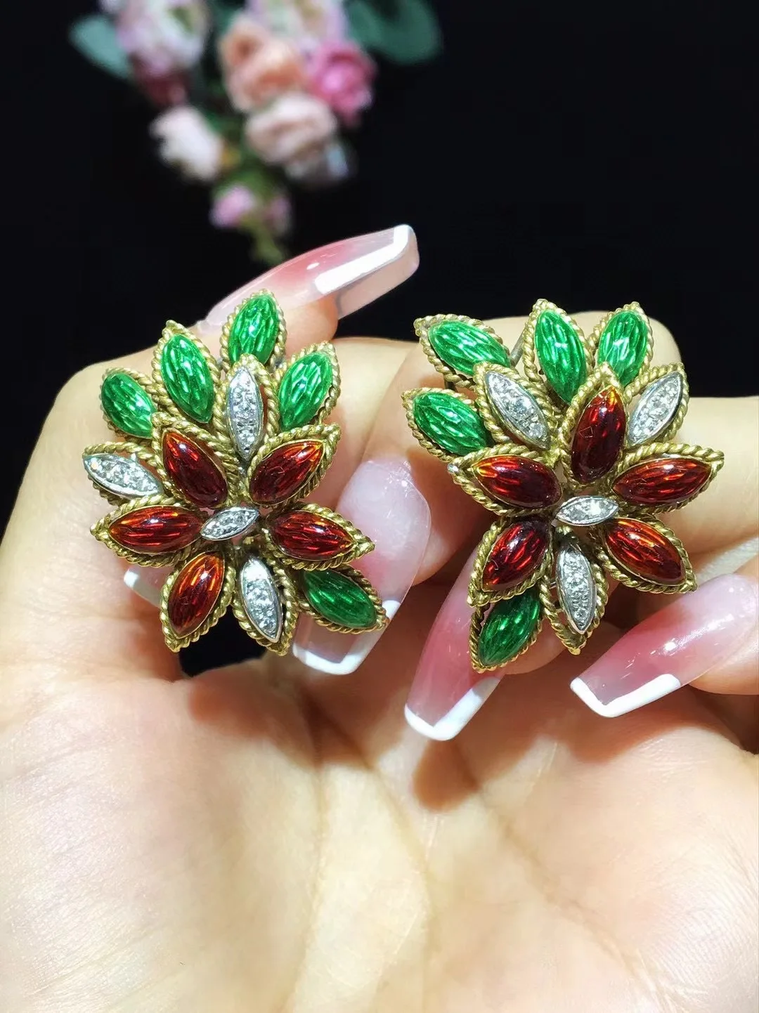 Sa037e383d17c46e6a58a400146443254b antique jewelry colour enamels clip earring leaf 18K gold 33*25MM fine women jewelry free shipping