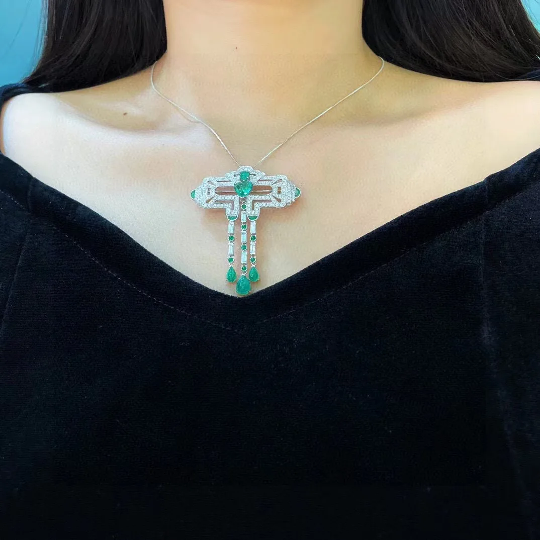 Sa5965de78e6e44f4b8ba6c454945505cO genuine luxury jewelry natural emerald and diamond brooch & pendant double use 18K white gold fine women jewelry free shipping