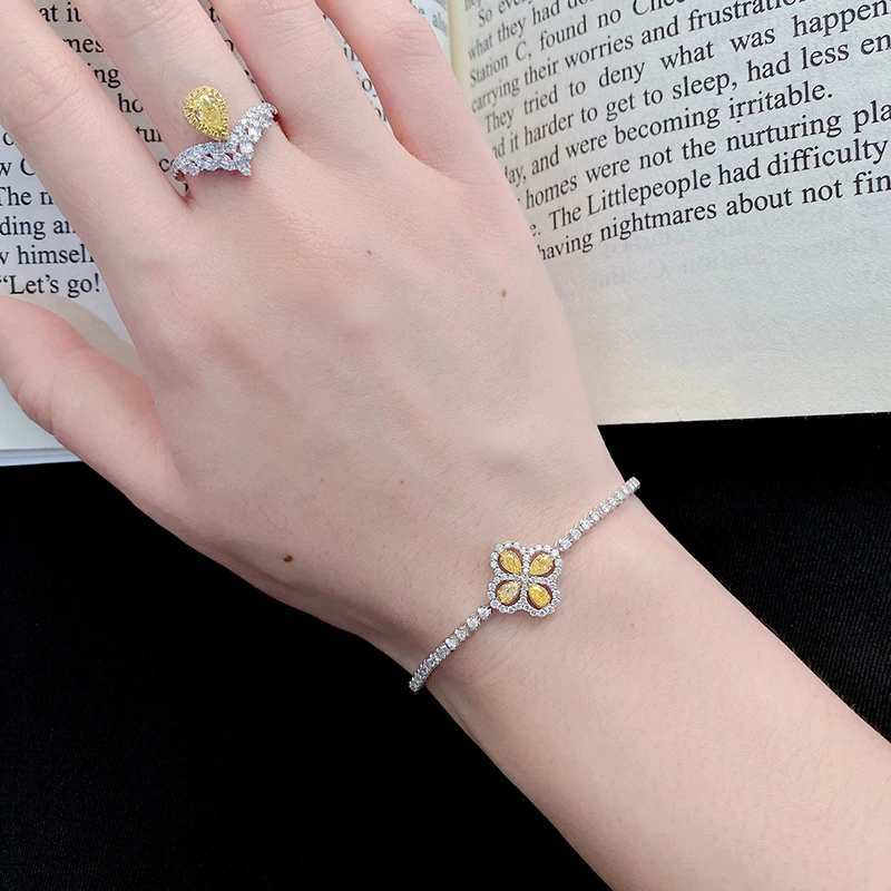 Sab04e7e73a00479b861c6047356d1250D LUOWEND 18K White Gold Bracelet Real Natural Yellow Diamond Bracelet for Women Party Jewelry Luck Clover Design High Jewelry