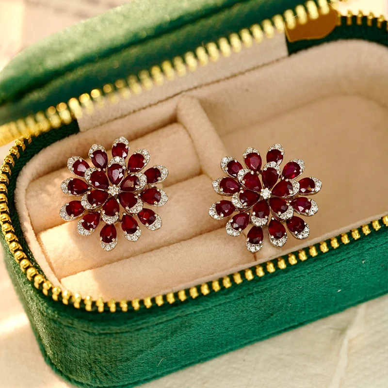 Sbd203b853ca94076ad9197e6900df4832 Aazuo Luxury Real Jewelry 18K White Real Gold Natural Ruby Big Flower Stud Earrings Gifted for Women Engagement Wedding Party