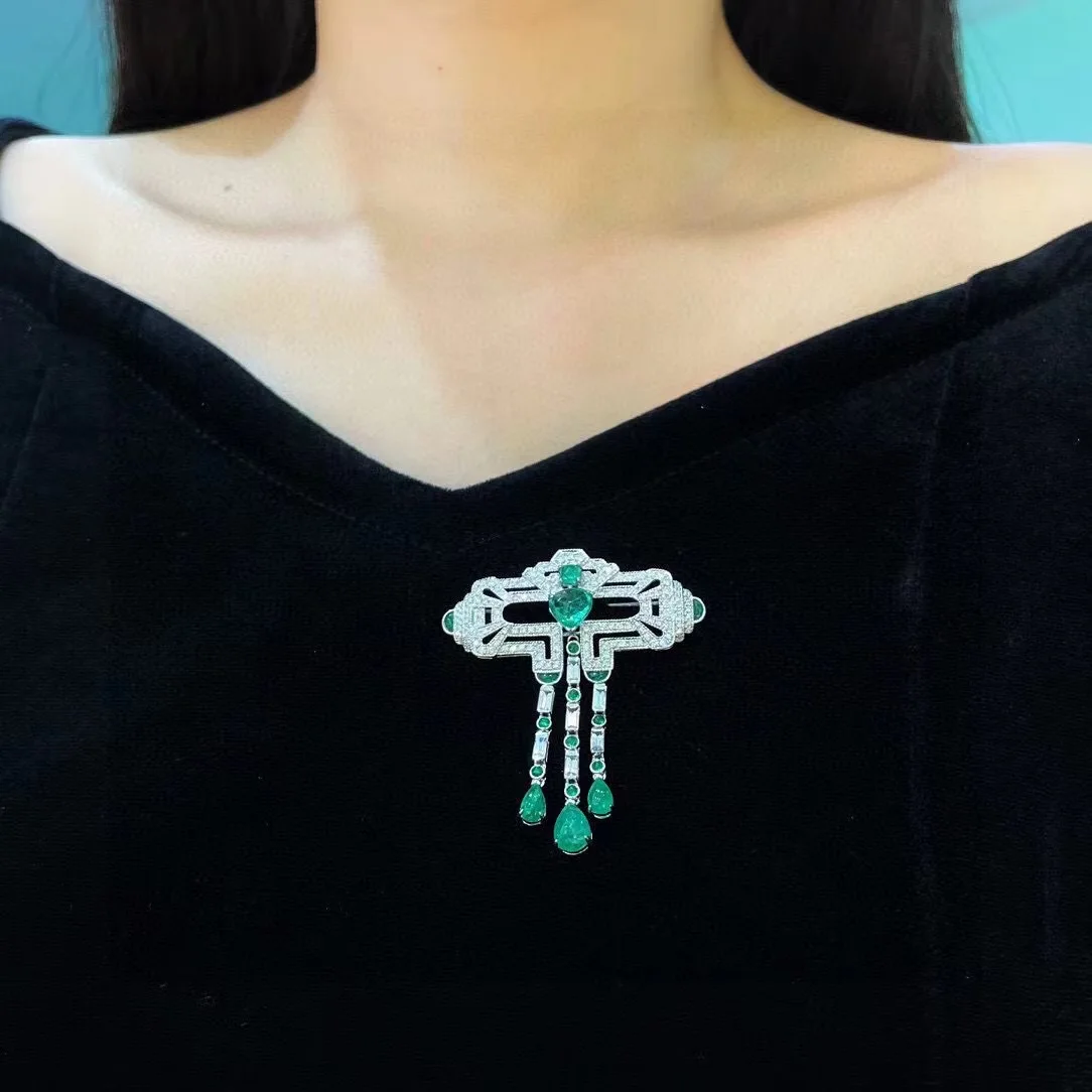 genuine luxury jewelry natural emerald and diamond brooch & pendant double use 18K white gold fine women jewelry free shipping