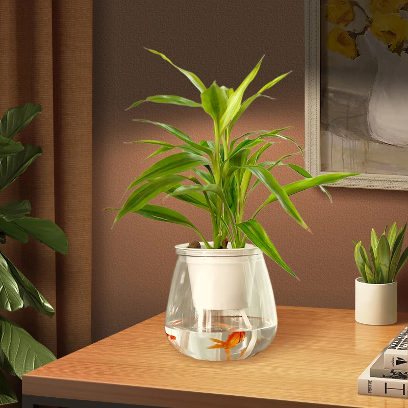 Sc1c2246c1a144f4f929bf4e2b7a3351aE Transparent Hydroponic Flower Pot Double Layer Plastics Planter Self Absorbing Water Lazy Flower Pottop Table Potted Home Decor