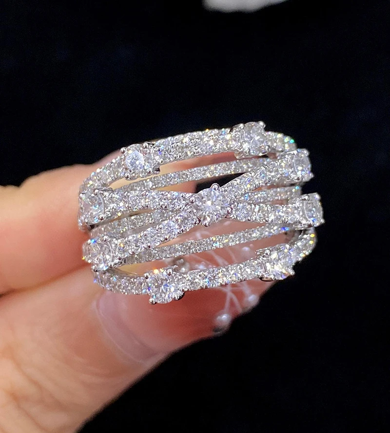 Sc1d77bc9037f46379afd5b45c646246aL LUOWEND 18K White Gold Rings Creative Multi-Layer Cross Design Real Natural Diamond Ring for Women Senior Banquet High Jewelry
