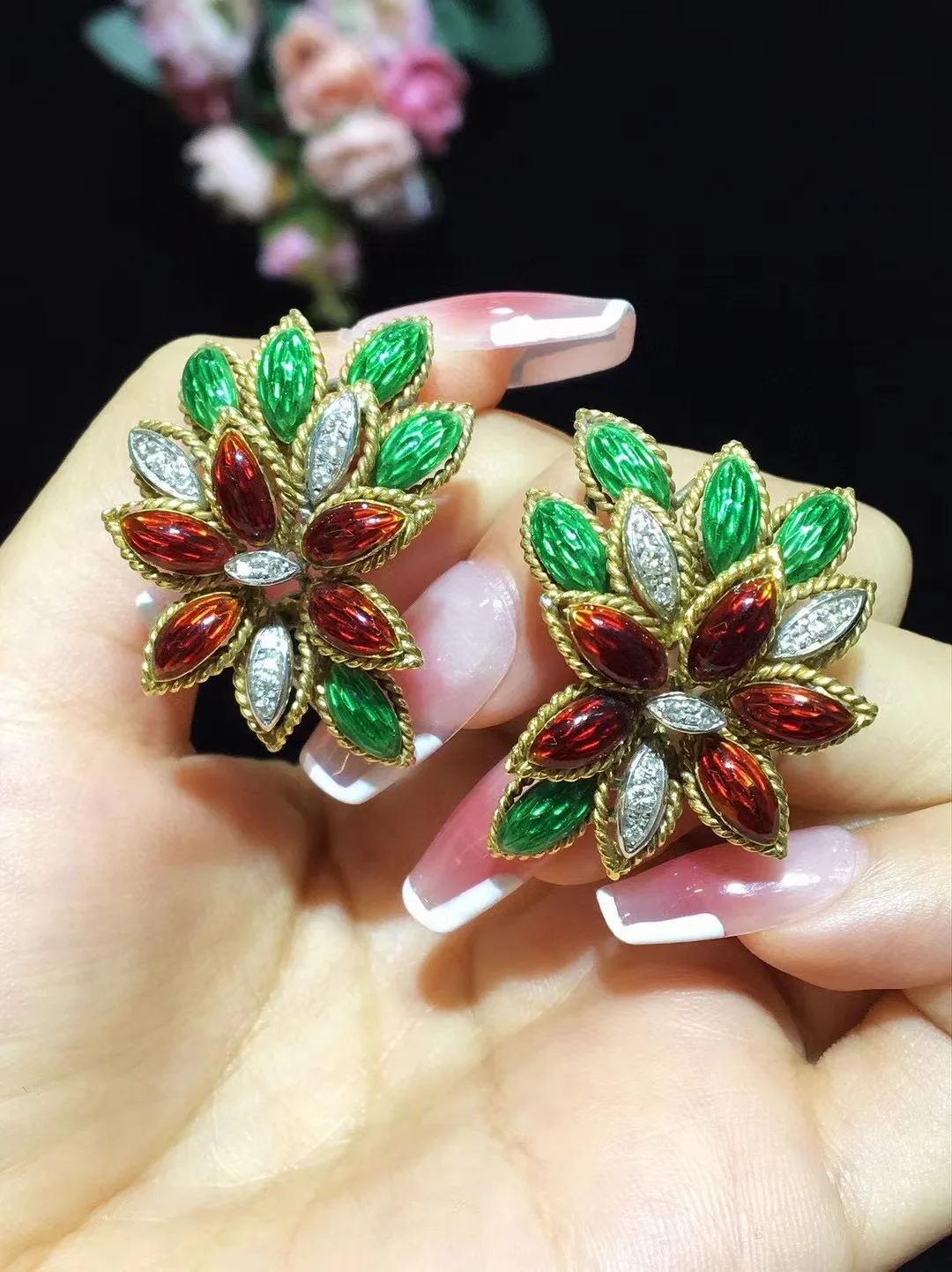 Sd630d99512b54d9e9adaa5216e05a1ee4 antique jewelry colour enamels clip earring leaf 18K gold 33*25MM fine women jewelry free shipping