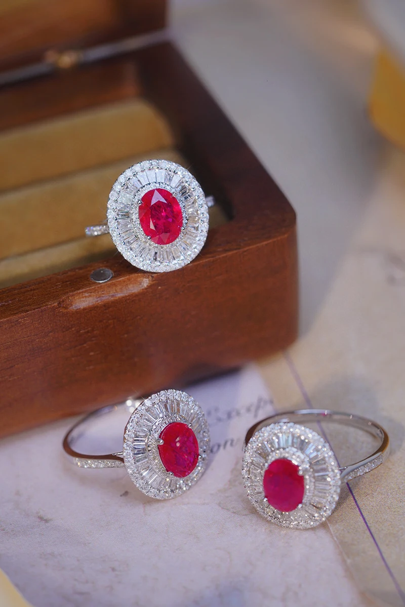 Sd6bd646b938b452eb9a64f571364342dR LUOWEND 18K White Gold Rings Luxury Oval Design Natural Ruby Real Diamond Engagement Ring for Women High Wedding Jewelry