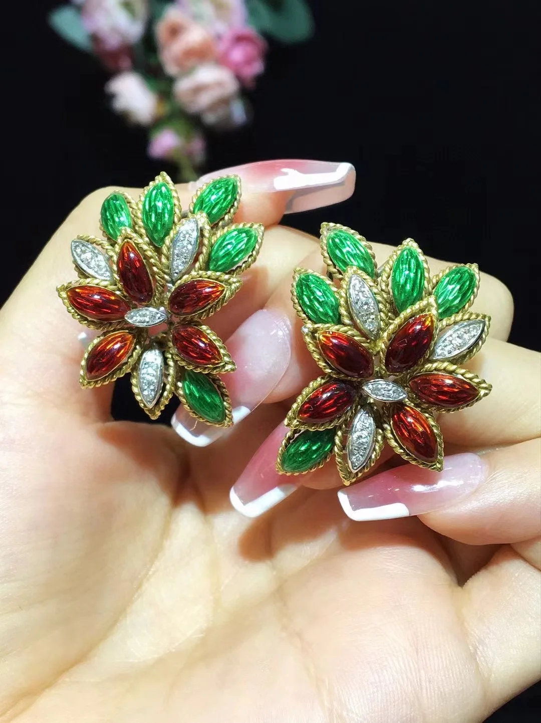 Sdffe2d2ff44544c0a4cb8e2d5695227aP antique jewelry colour enamels clip earring leaf 18K gold 33*25MM fine women jewelry free shipping