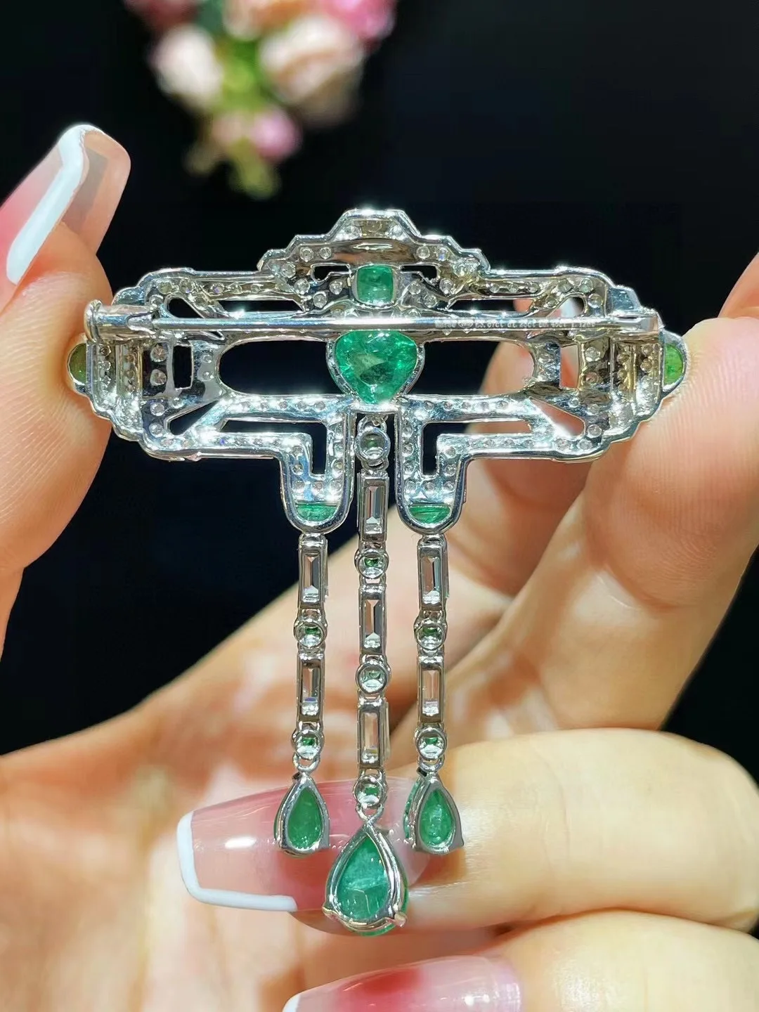 Se50f51d15f7e46488b56d447ba64e902T genuine luxury jewelry natural emerald and diamond brooch & pendant double use 18K white gold fine women jewelry free shipping