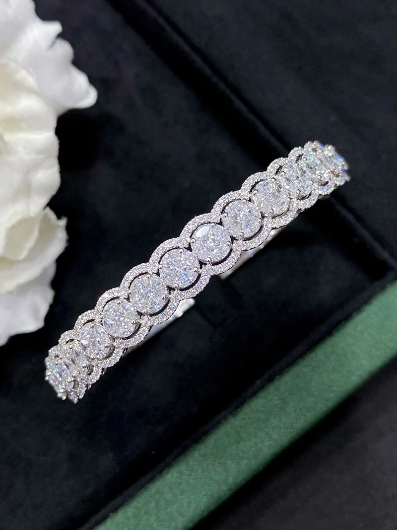 Sf9c368d1bb4f46fbbdf546d73be2c042W LUOWEND 100% 18K White Gold Bangle Luck Copper Coin Design 3.85carat Real Natural Diamond Bangle for Women High Party Jewelry