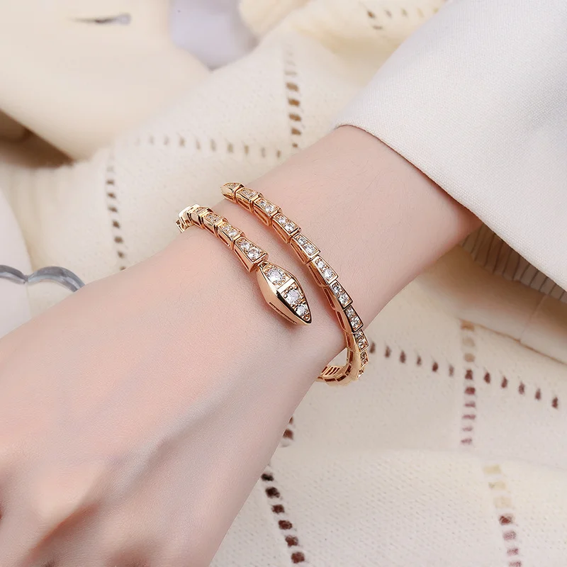 Sfd14e9a52f734f3e98ca55e7e4531104W 18K True Gold Snake Bone Bracelet Full Diamond White Gold Color High Carbon Diamond Women's Bangles Fashion Female Jewelry Gifts