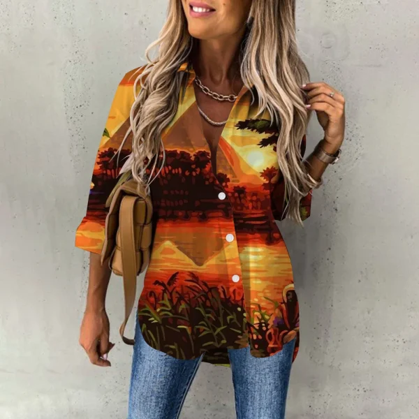 Summer Women's Hawaiian Shirts Hawaii Beach Print Fashion Resort Clothes Polo Collar Long Sleeve Blouse Tops Spring Plus Sizes - Image 2