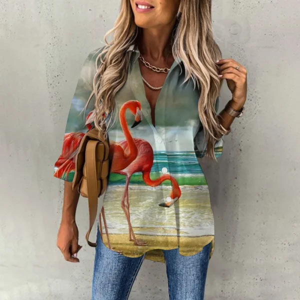 Summer Women's Hawaiian Shirts Hawaii Beach Print Fashion Resort Clothes Polo Collar Long Sleeve Blouse Tops Spring Plus Sizes - Image 3