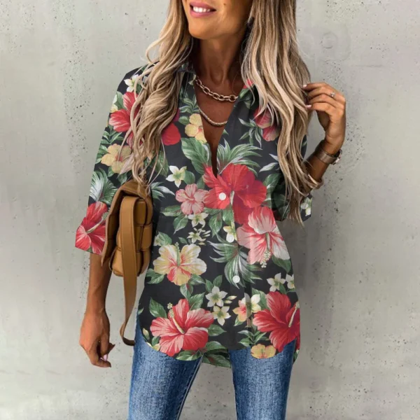 Summer Women's Hawaiian Shirts Hawaii Beach Print Fashion Resort Clothes Polo Collar Long Sleeve Blouse Tops Spring Plus Sizes - Image 4