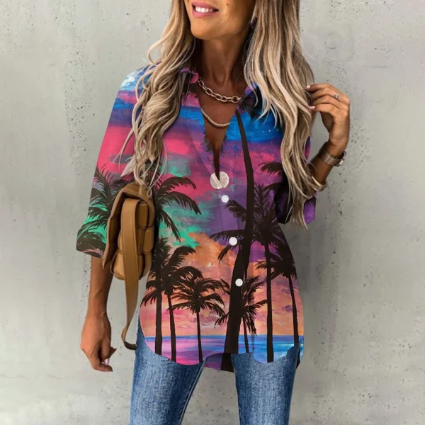 Summer Women's Hawaiian Shirts Hawaii Beach Print Fashion Resort Clothes Polo Collar Long Sleeve Blouse Tops Spring Plus Sizes - Image 6