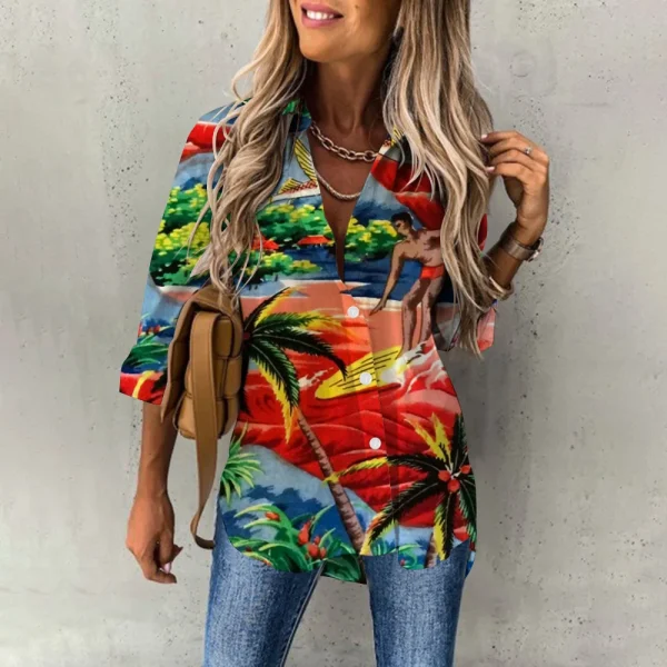 Summer Women's Hawaiian Shirts Hawaii Beach Print Fashion Resort Clothes Polo Collar Long Sleeve Blouse Tops Spring Plus Sizes