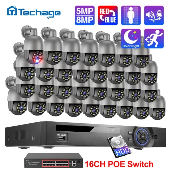 Techage 32CH 5MP 8MP POE PTZ Camera System Smart Ai Human Detected Two way Audio Color Techage 32CH 5MP 8MP POE PTZ Camera System Smart Ai Human Detected Two-way Audio Color Night 4K H.26S Security Surveillance Kit
