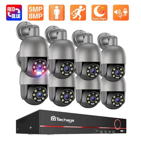 Techage HD 5MP 8MP POE Smart Security PTZ Camera System Outdoor Ultra H 265 8CH CCTV Techage HD 5MP 8MP POE Smart Security PTZ Camera System Outdoor Ultra H.265 8CH CCTV System Full Color Night Surveillance Kit
