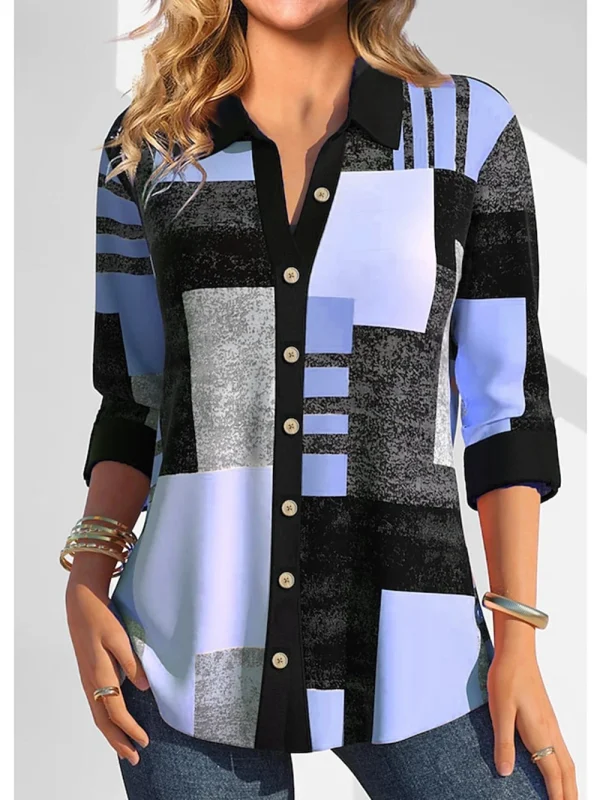 Women's Shirt Blouse Color Block Yellow Pink Blue Print Button Long Sleeve Casual Fashion Shirt Collar Fit Spring & Fall Tops - Image 3