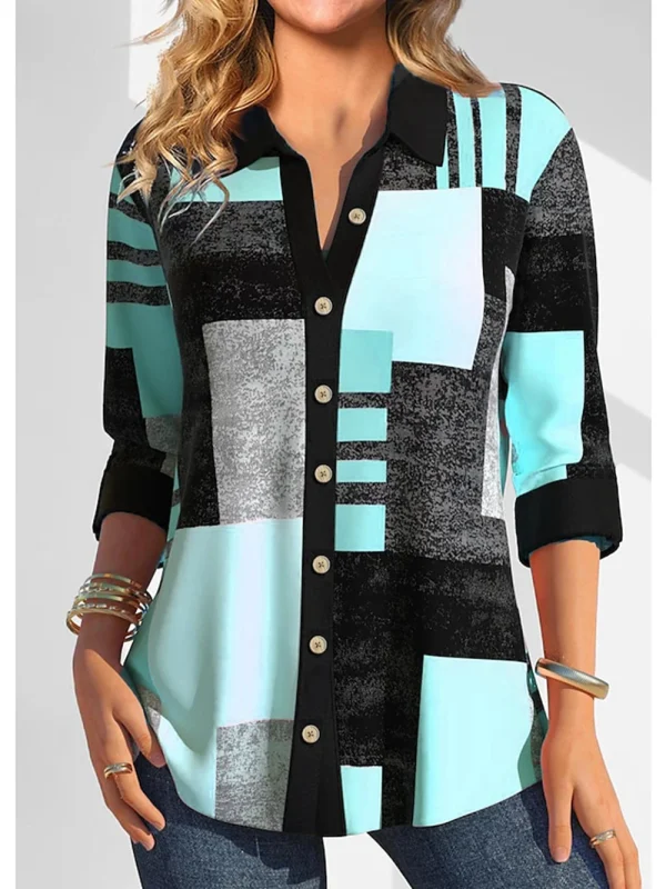 Women's Shirt Blouse Color Block Yellow Pink Blue Print Button Long Sleeve Casual Fashion Shirt Collar Fit Spring & Fall Tops - Image 4