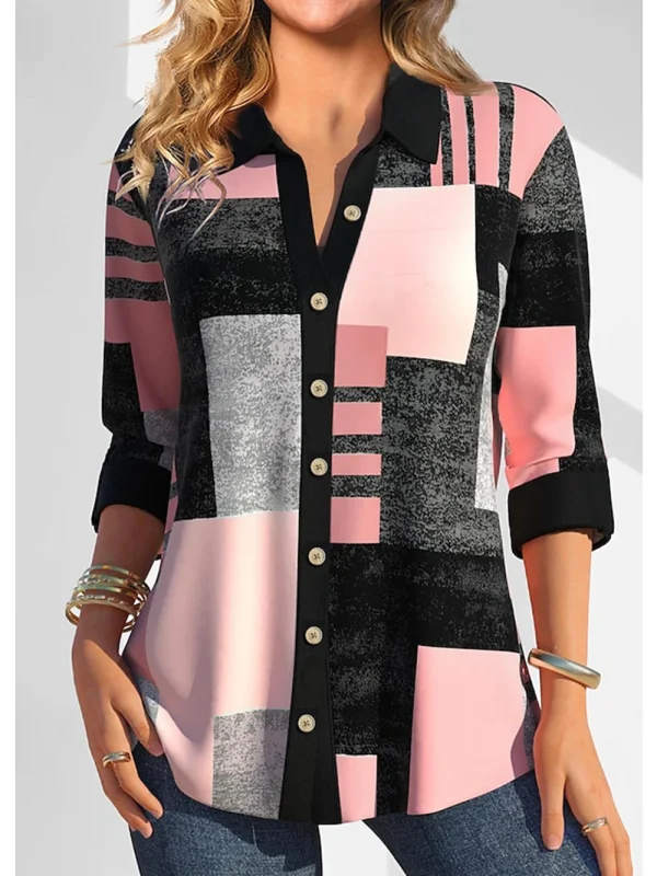 Women's Shirt Blouse Color Block Yellow Pink Blue Print Button Long Sleeve Casual Fashion Shirt Collar Fit Spring & Fall Tops