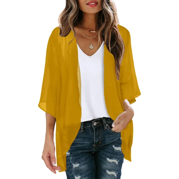 Womens Solid Elegant Puff Sleeve Chiffon Blouse Cardigan Loose Cover Up Casual Long Sleeve Tops Summer Plus Size Thin Tops - Image 2