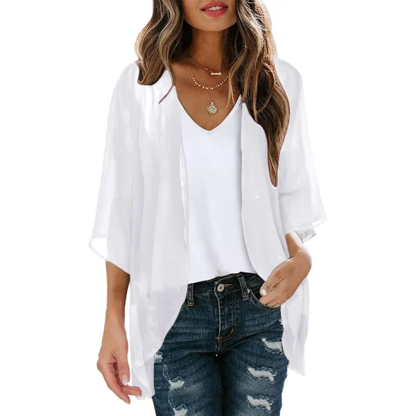 Womens Solid Elegant Puff Sleeve Chiffon Blouse Cardigan Loose Cover Up Casual Long Sleeve Tops Summer Plus Size Thin Tops - Image 3