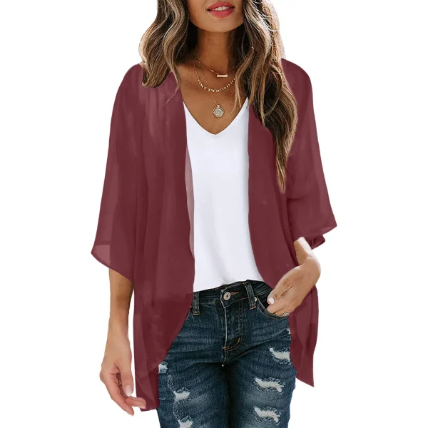 Womens Solid Elegant Puff Sleeve Chiffon Blouse Cardigan Loose Cover Up Casual Long Sleeve Tops Summer Plus Size Thin Tops - Image 4