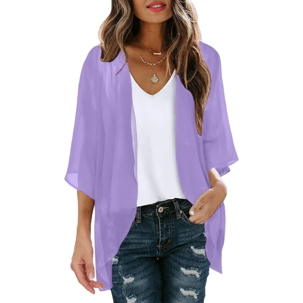 Womens Solid Elegant Puff Sleeve Chiffon Blouse Cardigan Loose Cover Up Casual Long Sleeve Tops Summer Plus Size Thin Tops - Image 5