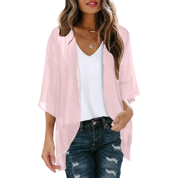 Womens Solid Elegant Puff Sleeve Chiffon Blouse Cardigan Loose Cover Up Casual Long Sleeve Tops Summer Plus Size Thin Tops - Image 6