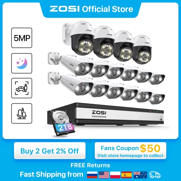 ZOSI 16CH 5MP PTZ PoE Security IP Camera System 4K 8MP NVR Smart Face Person Vehicle ZOSI 16CH 5MP PTZ PoE Security IP Camera System 4K 8MP NVR Smart Face Person Vehicle Detection CCTV Video Surveillance Kit