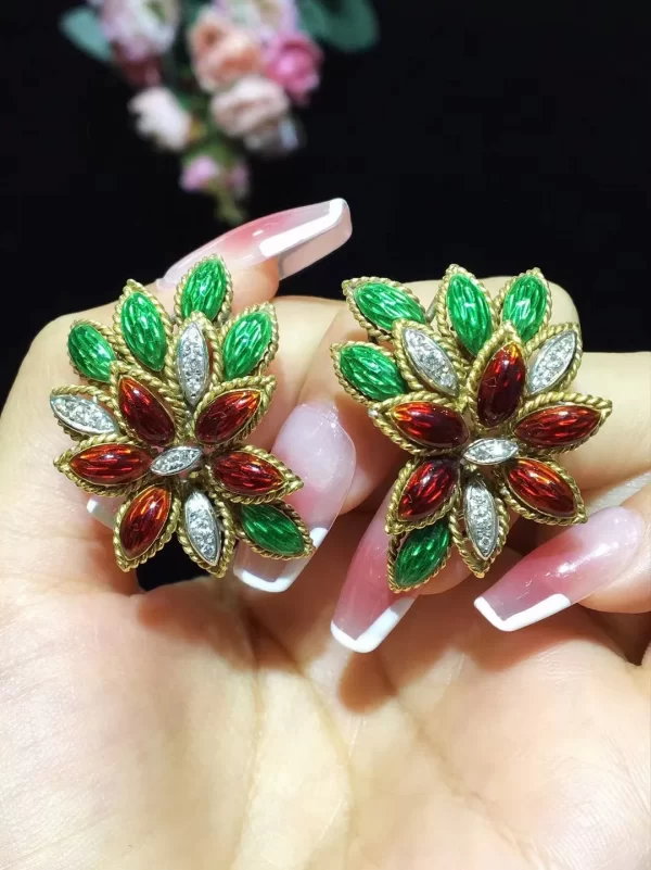 antique jewelry colour enamels clip earring leaf 18K gold 33*25MM fine women jewelry free shipping - Image 4
