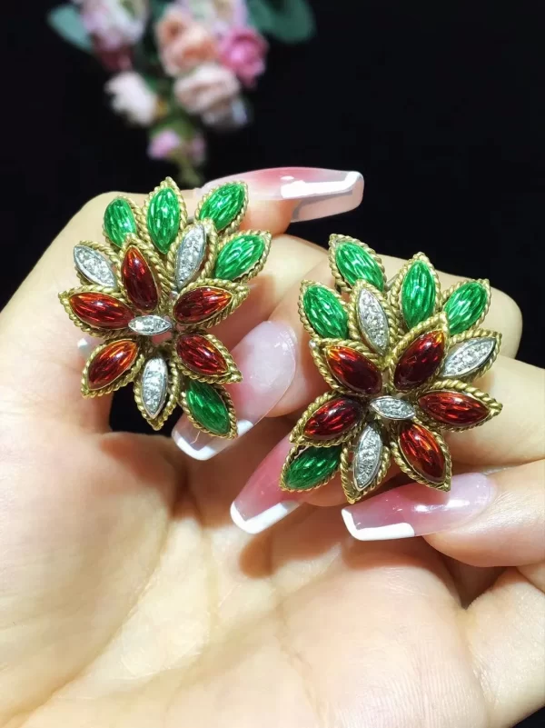 antique jewelry colour enamels clip earring leaf 18K gold 33*25MM fine women jewelry free shipping - Image 5